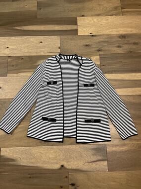 Talbots Size M Open‑Knit Blazer White With Black Stripes Button Detail